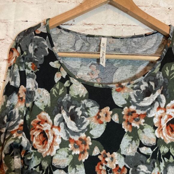 NY Collection Babydoll Sweater Dress Womens 1X Gray Rose Floral Flared Sleeve - Picture 11 of 16